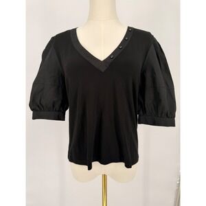 Evereve Black Mixed Media‎ Puff Sleeve V-Neck Top Medium